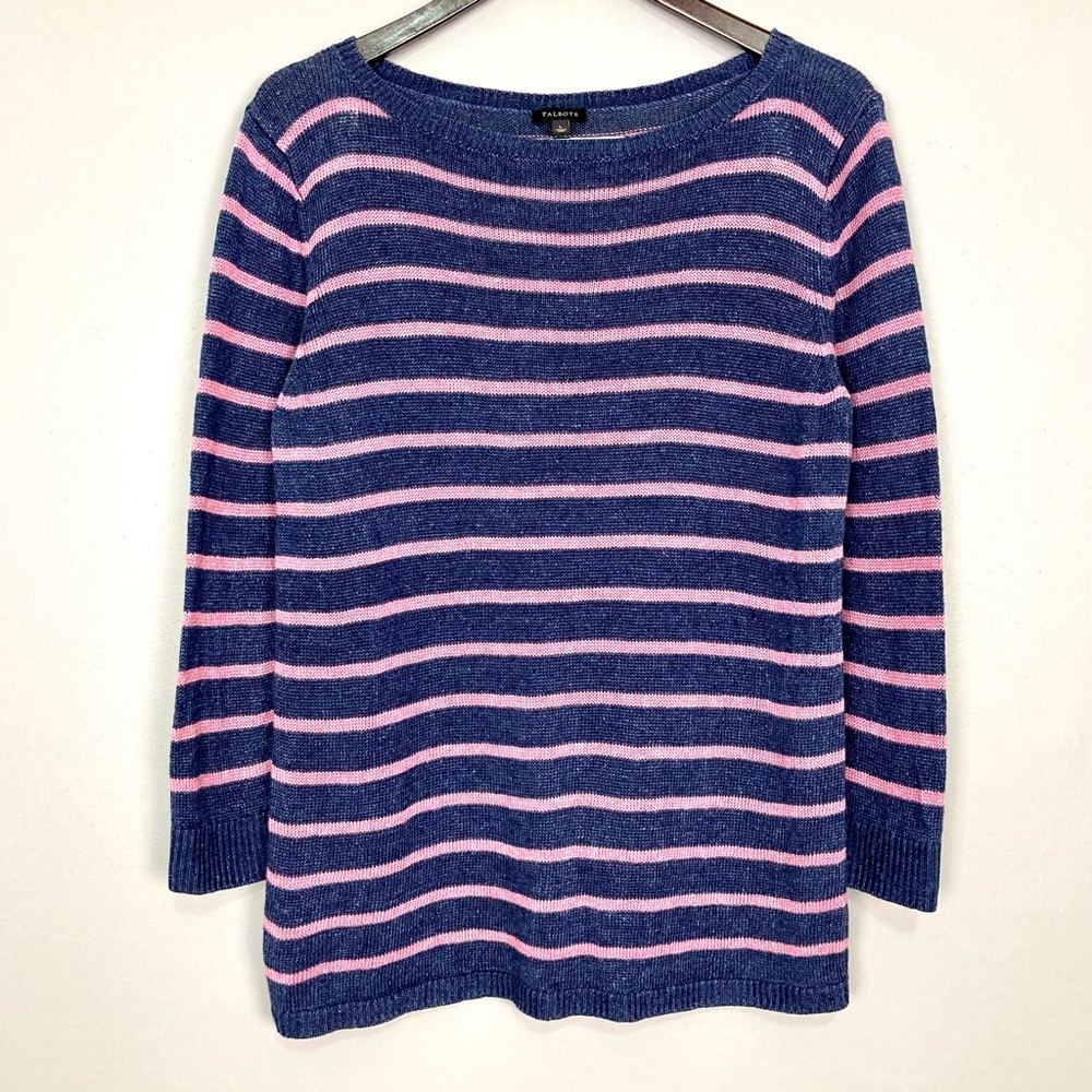 Talbots 100% Linen Stripe Sweater Women’s Size L Pullover Boat Neck Nautical